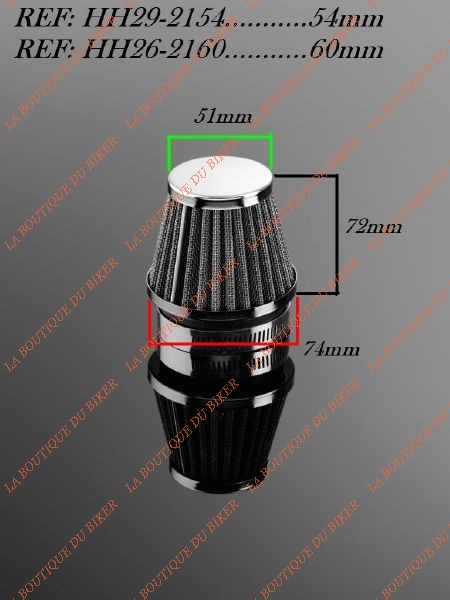 FILTRE A AIR DIAMETRE 54mm ROND...H29-2154 Highway Hawk Air filter with chrome-plated end cap 54mm diameter