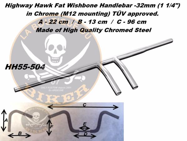 GUIDON HONDA en 25/32 FAT WISHBONE CHROME...H55-504 Highway Hawk Handlebar "Wishbone" 960 mm wide 220 mm high for Honda, Yamaha, Suzuki models with 100 mm clamping width chrome TÜV