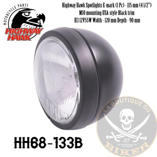 PHARE 115mm ADDITIONNEL NOIR PLAT H3/55W HOMOLOGUE...H68-133B Highway Hawk Spotlights 4 1/2" "USA-style" (1 Pc.) with E-Mark H3 12V55W - black